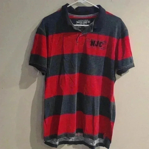 Men's Nautica Jeans Co‎ red/navy stripe polo size large - Picture 1 of 4